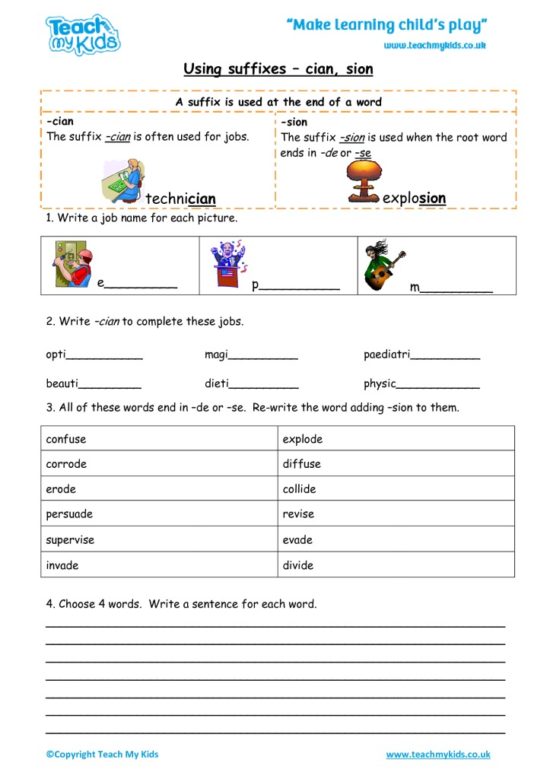 Worksheets for kids - using-suffixes-cian-sion